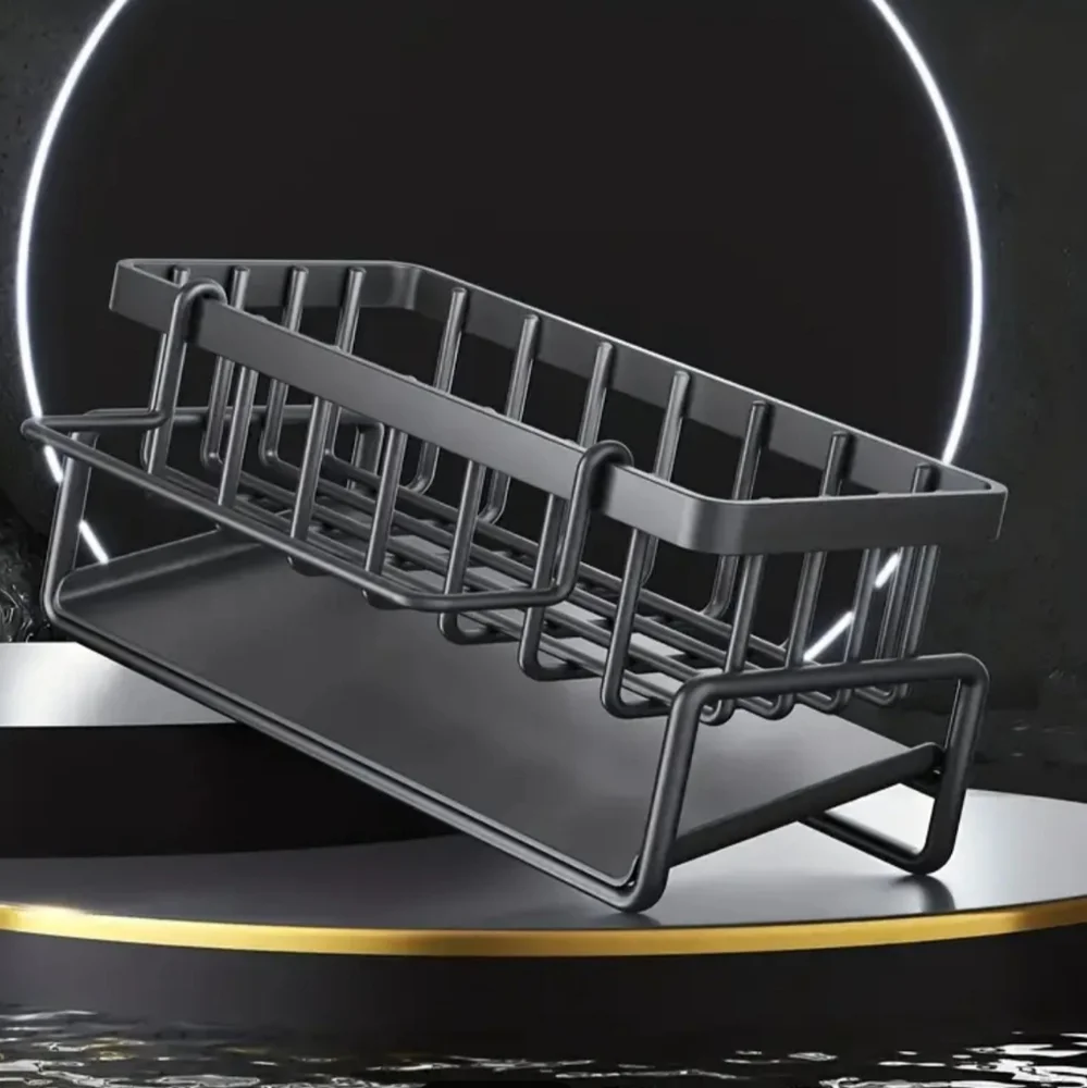 Black Sink Caddy, Sponge Storage & Drain Rack With Dishcloth Holder.